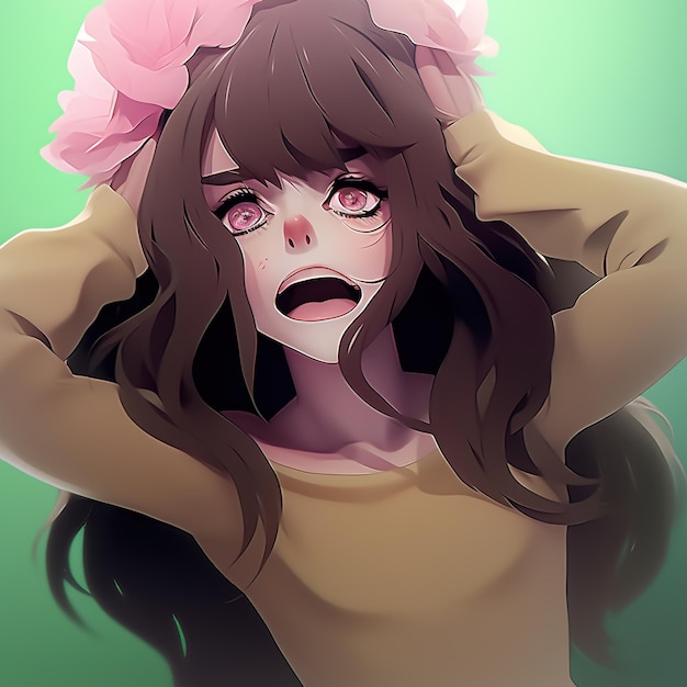 A girl with open mouth and pink flowers on her head