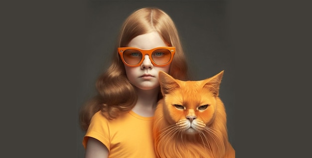 A girl with orange glasses holding a cat