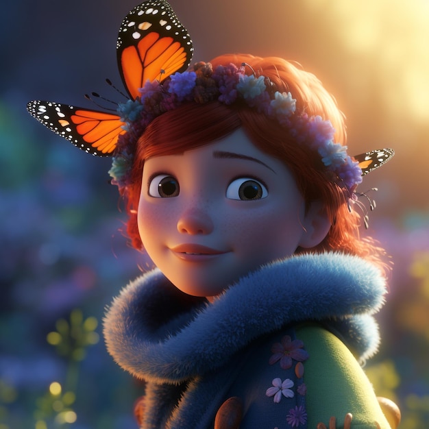 A girl with orange hair and butterfly wings on her head.