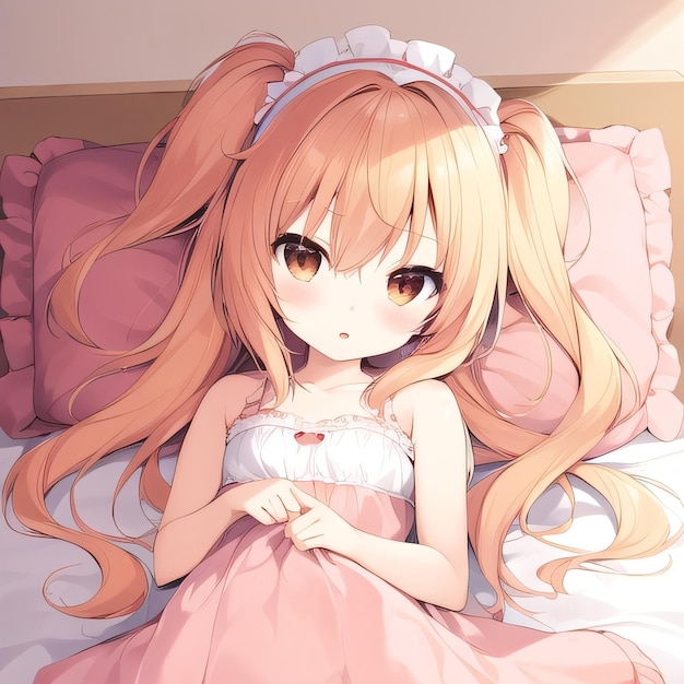 A girl with orange hair is laying down and has a pink dress on.