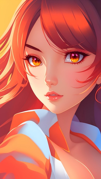 A girl with orange hair and orange eyes looks into the distance.