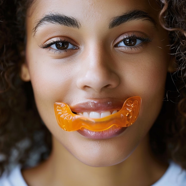 Photo a girl with an orange peel on her mouth