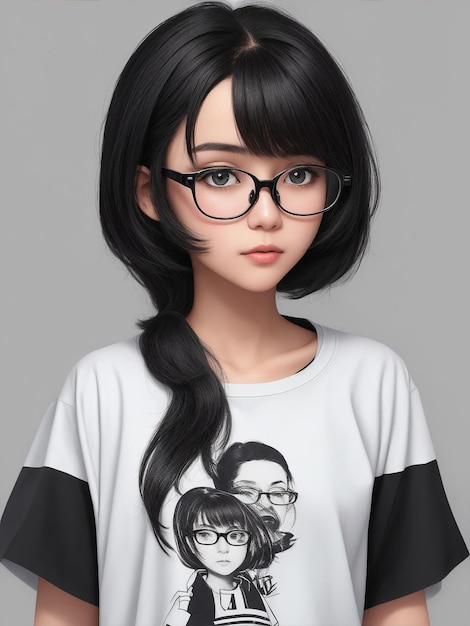 girl with oversize tshirt medium hair with glass