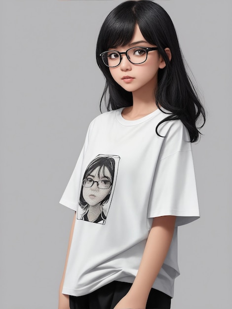 특대 tshirt 중간 머리 유리와 소녀