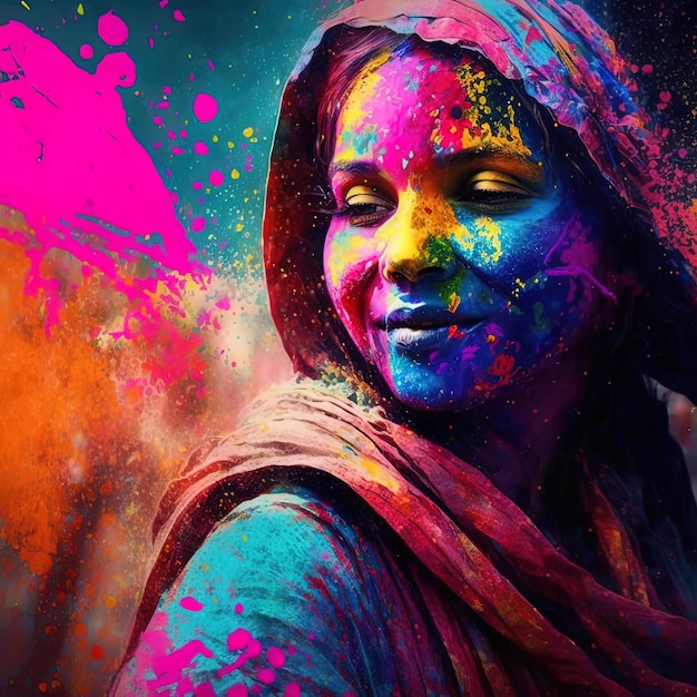 A girl with paint on her face at the Holi festival