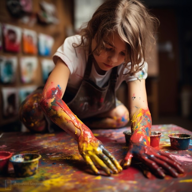 A girl with paint on her hands is painting with a canvas.