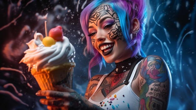 A girl with a painted face holds a cupcake