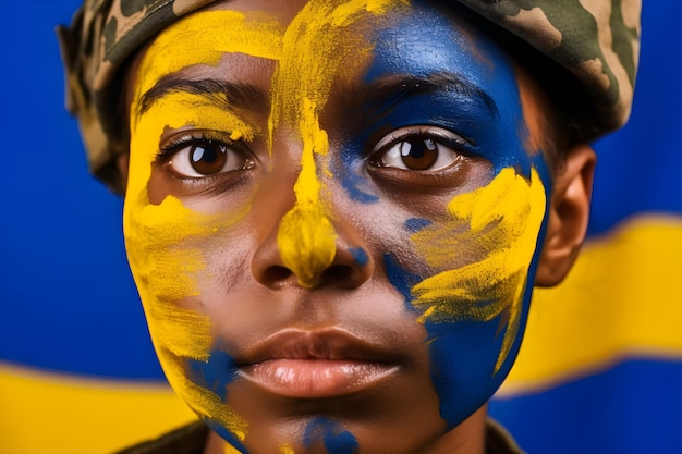 A girl with a painted face and the word sweden on the side