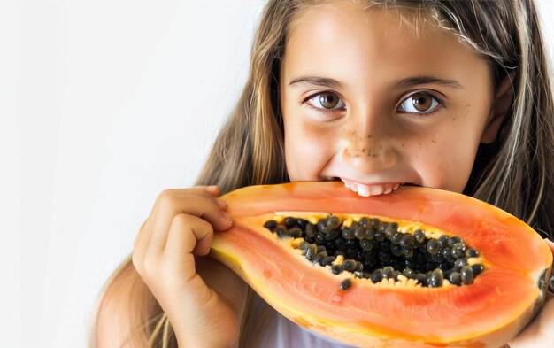 Foto ragazza con sfondo bianco di papaya papaya delight una ragazza e il suo sfondo bianca di papaya