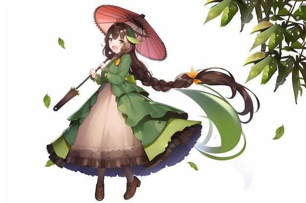 A girl with a parasol and a flower on her head