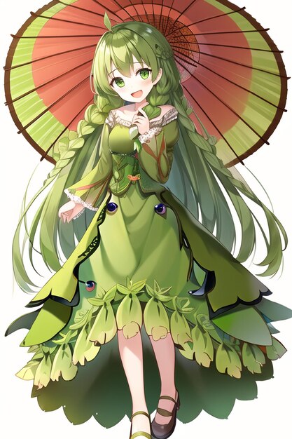 A girl with a parasol and a green dress with the word 