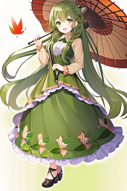 A girl with a parasol and a green dress