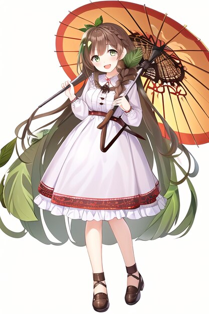 A girl with a parasol and a hat with the word " on it "