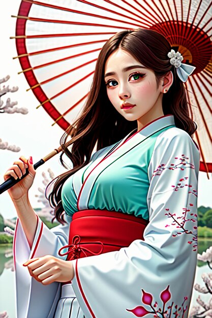 A girl with a parasol is holding a parasol
