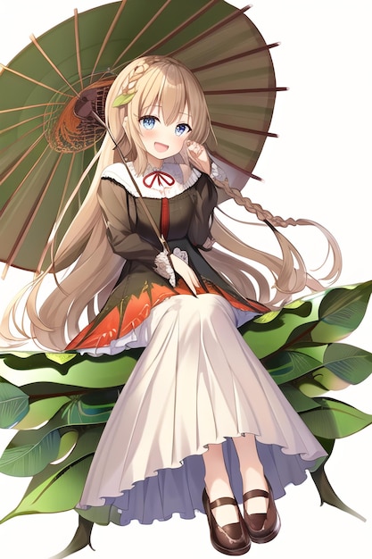 A girl with a parasol sits on a leaf.