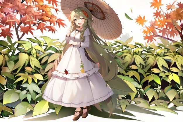 A girl with a parasol walks in the leaves