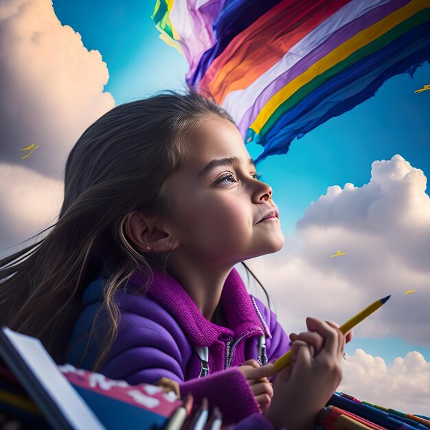 A girl with a pencil in her hand is looking up at a rainbow flag.