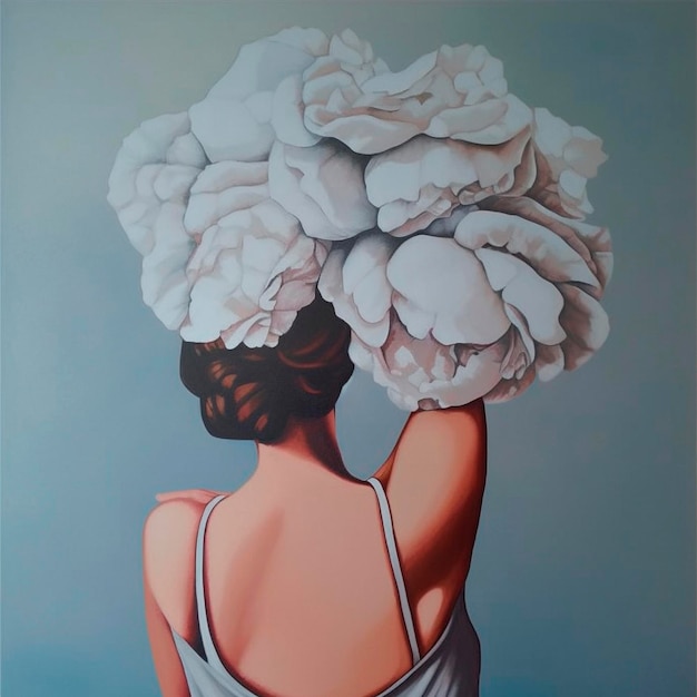 Girl with peonies on her head