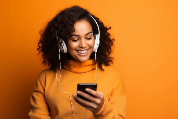 girl with phone on orange background