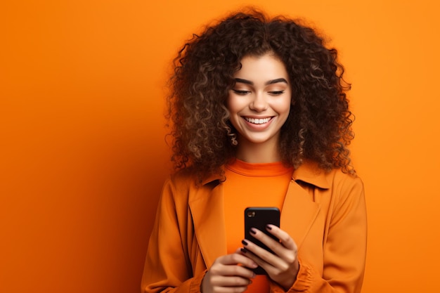 Girl with phone on orange background