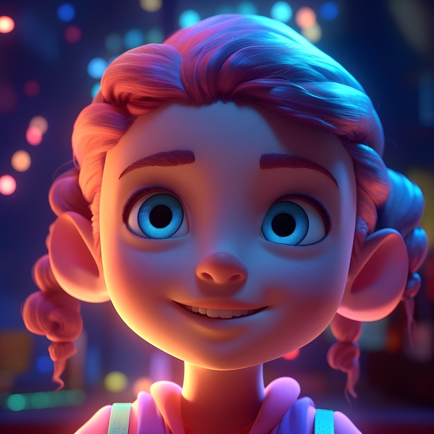 A girl with pigtails and a pink shirt is looking up at a colorful light.