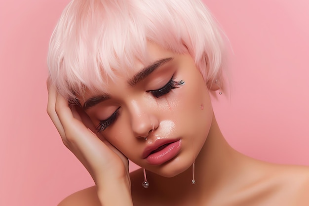 A girl with a pink background and a drop of water on her face