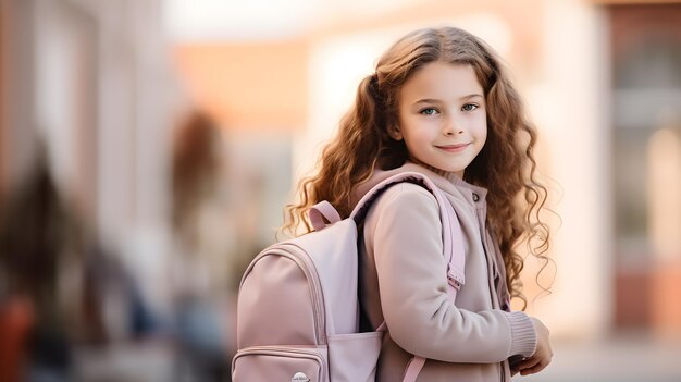 A girl with a pink backpack is walking in the street