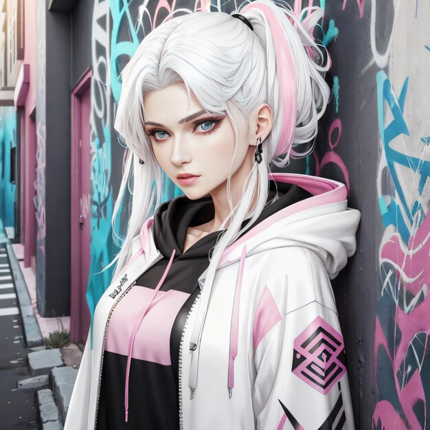 A girl with a pink and black hoodie stands in front of a wall with graffiti