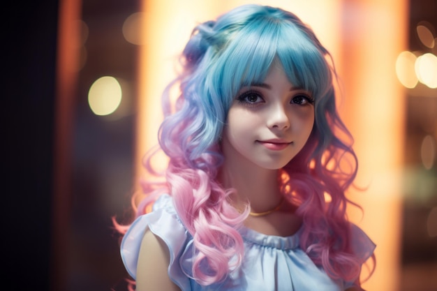 a girl with pink and blue hair posing for the camera