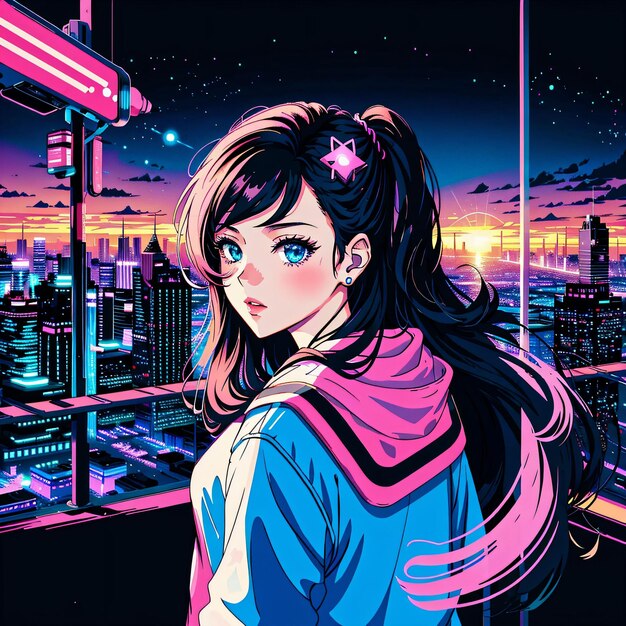 A girl with a pink bow is standing in front of a cityscape.