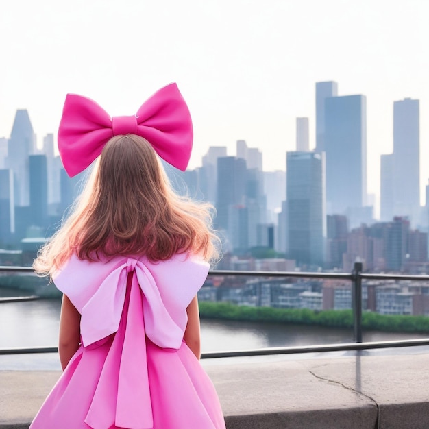 A girl with a pink bow is standing in front