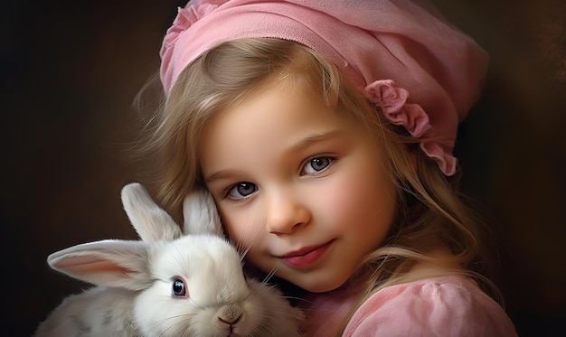 Photo a girl with a pink dress and a rabbit and a bunny