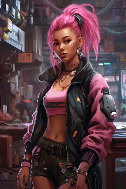 A girl with pink hair and a black jacket with a pink hair.