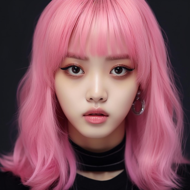 a girl with pink hair and a black shirt with a black shirt on it