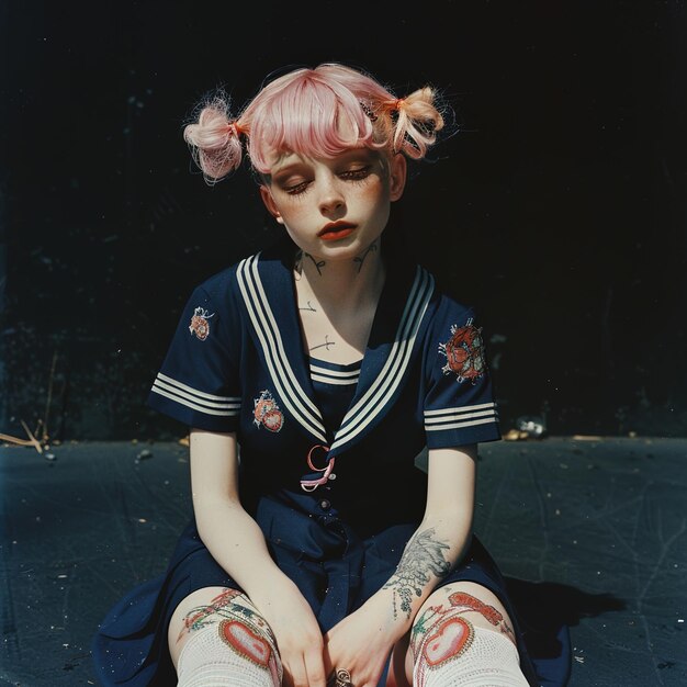 Photo a girl with pink hair and a blue dress with a white stripe on the front