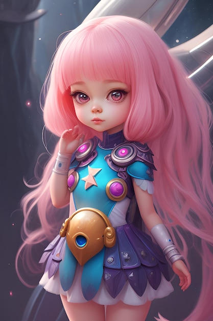 a girl with pink hair and a blue dress with a yellow shield