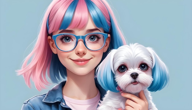 a girl with pink hair and blue glasses holds a dog