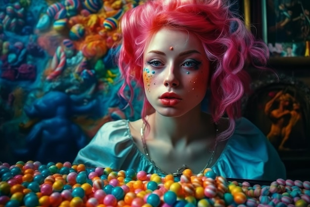 A girl with pink hair and a blue shirt is standing in front of a colorful display of candy.