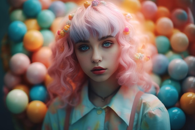 A girl with pink hair and a blue shirt with a bunch of colorful balls in the background