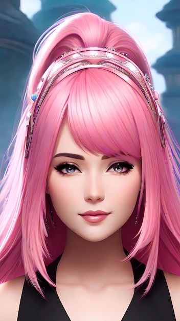 A girl with pink hair and a bow in her hair