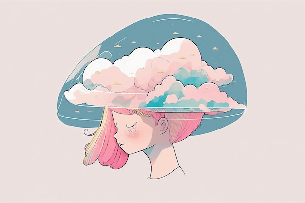 Девушка с розовыми волосами и облачной головой