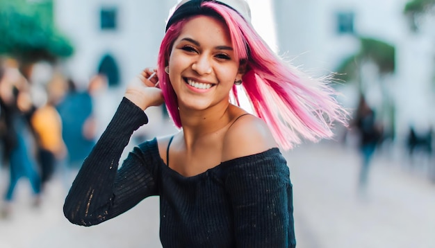 girl with pink hair dancing in the street in an attitude of plenitude