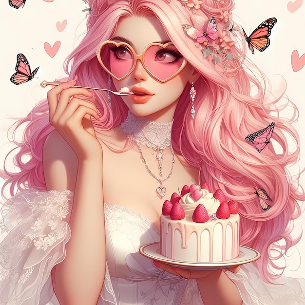 девушка с розовыми волосами и очками, держащая торт с бабочками на нем