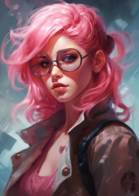 A girl with pink hair and glasses looks at the camera