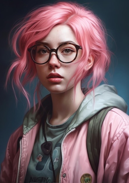 A girl with pink hair and glasses sits in front of a painting of a pink haired girl