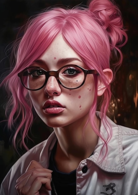 A girl with pink hair and glasses sits in front of a painting of a pink haired girl