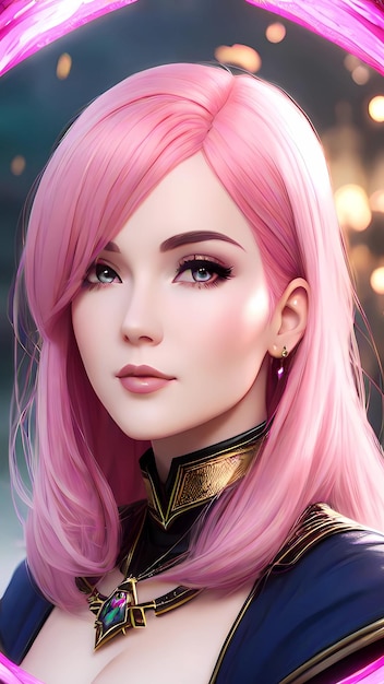 A girl with pink hair and a gold crown on her head