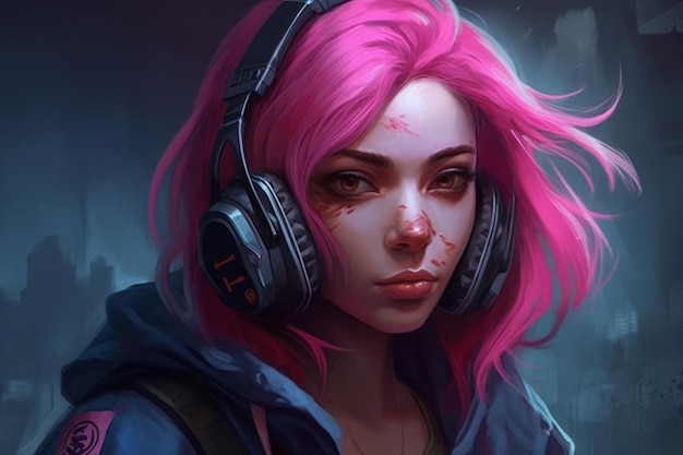 A girl with pink hair and a headphones