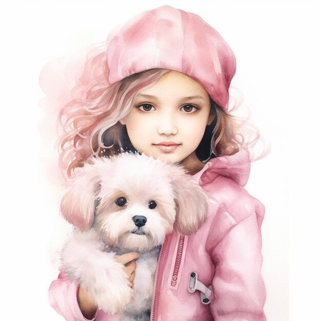 a girl with pink hair holding a white dog