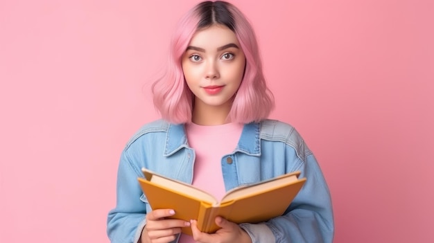 A girl with pink hair holds a book in her hands.